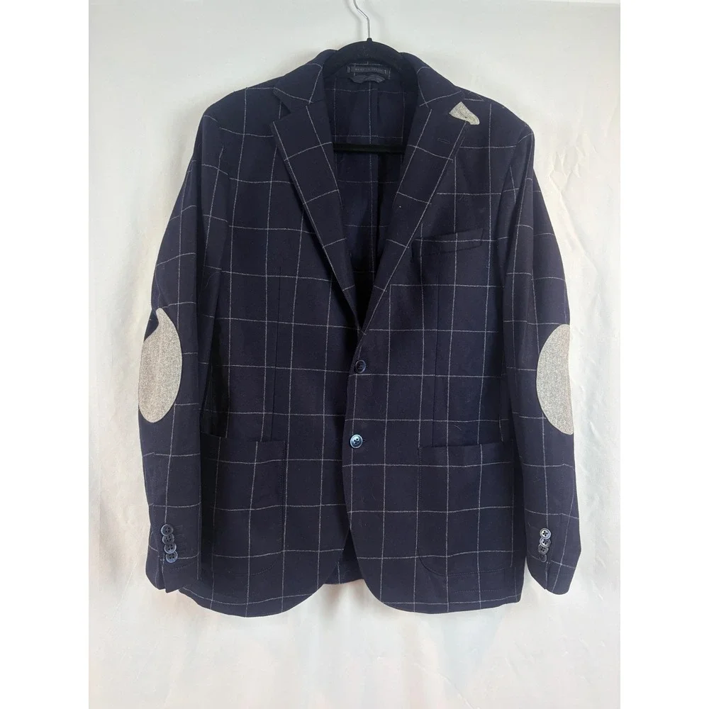 L.B.M. 1911 Italy Navy Blue Windowpane Virgin Wool Blazer Elbow Patches 52R 2892
